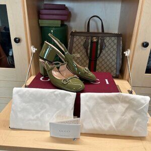 Gucci Size 37  Horsebit Accent Green Patent Leather Slingback Pumps Brand New